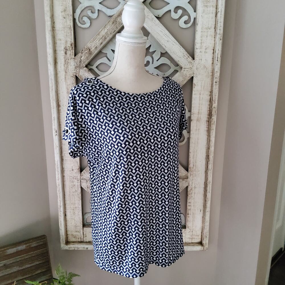Notations Resortwear Coastal Blue White Geometric Cold Shoulder Blouse Small